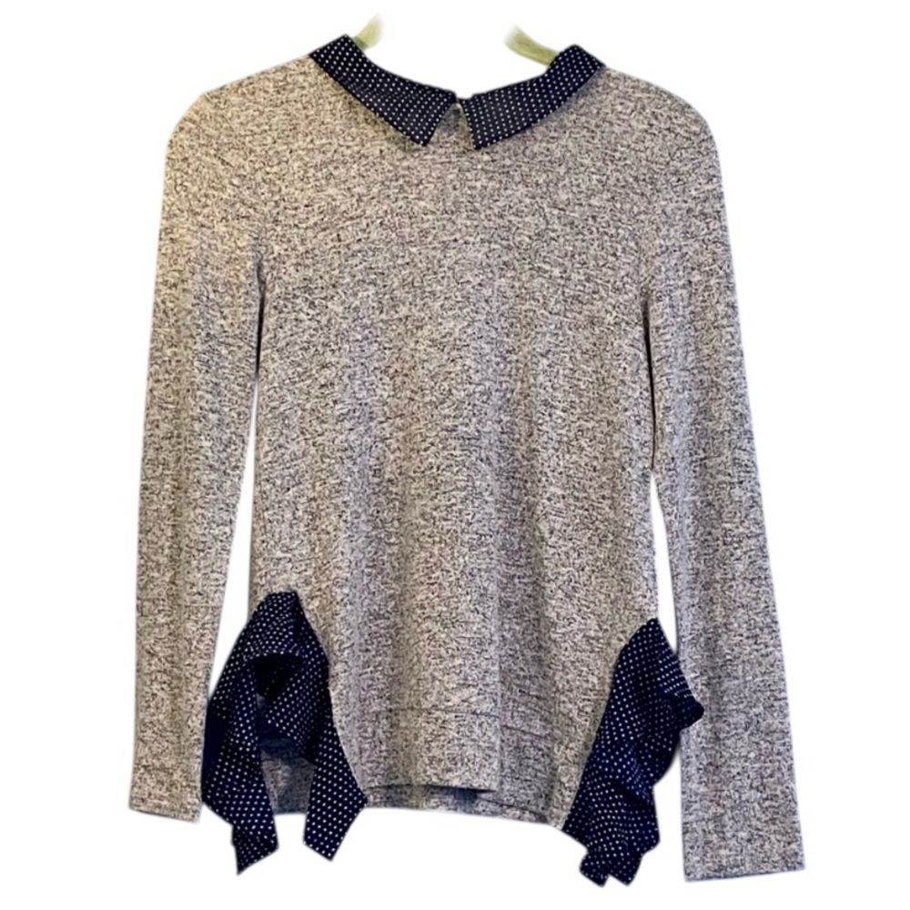 Monteau Heathered Grey Long Sleeve Ruffle Navy Polka Dots Collared Shirt Sz S